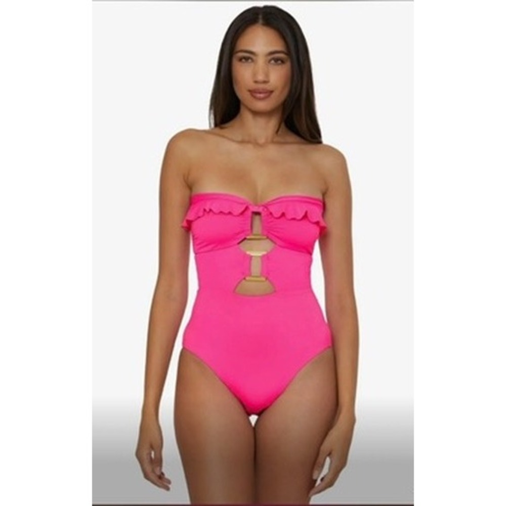 NWT Soluna One Piece Swimsuit Women Pink Ruffle Cut Out Gold Hardware Size L